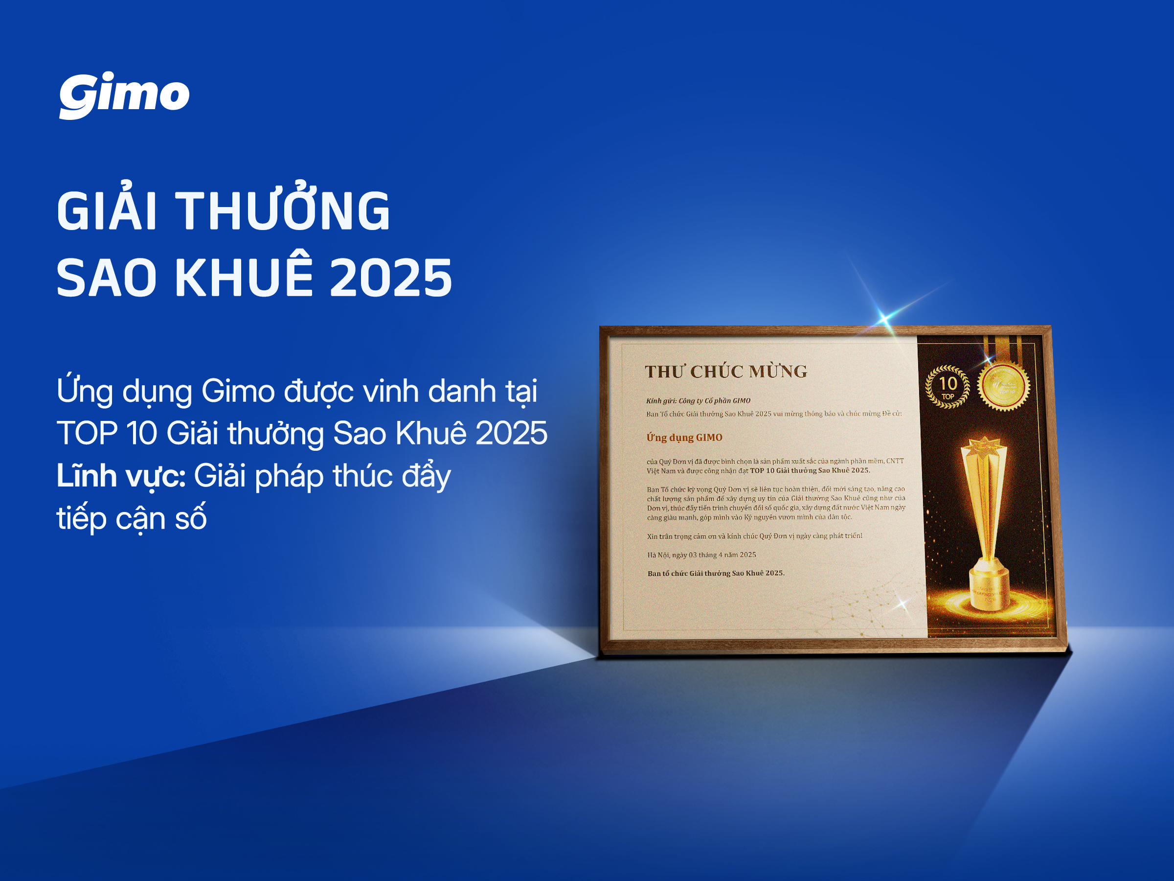 Gimo lọt Top 10 Sao Khuê 2025 lĩnh vực “Giải pháp thúc đẩy tiếp cận số